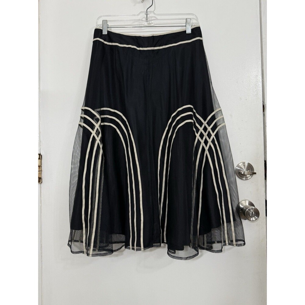 ANN TAYLOR LOFT Women Poly Mesh Flare Skirt Black Cream Ribbon Size 8